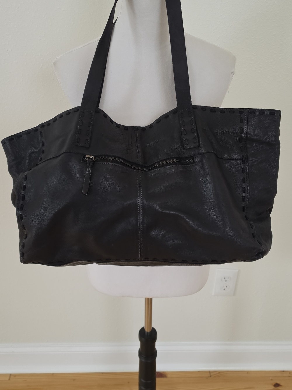 Free People Black Leather Tote with Front Zip
